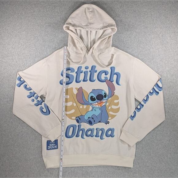Disney Lilo & Stitch Hoodie Ohana Beige Pullover Sweatshirt Women’s Size L - Picture 5 of 7